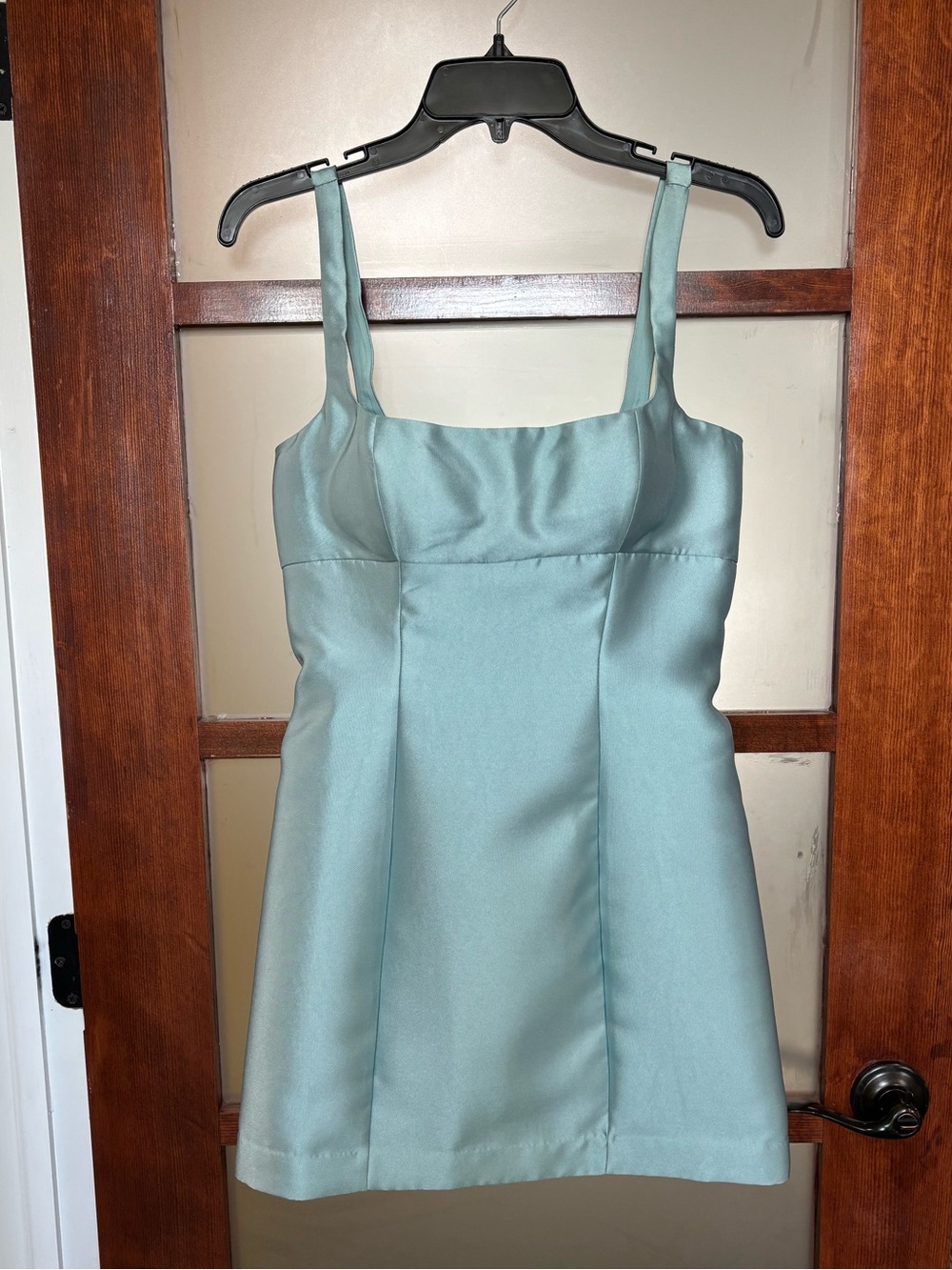 Square-Neck Satin Mini Dress in Aqua